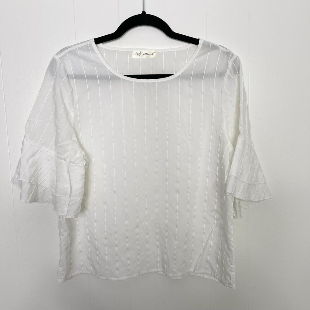 Boutique Tonal Stripe Tiered Ruffle Sleeve Blouse Top White Small S Scoop Neck